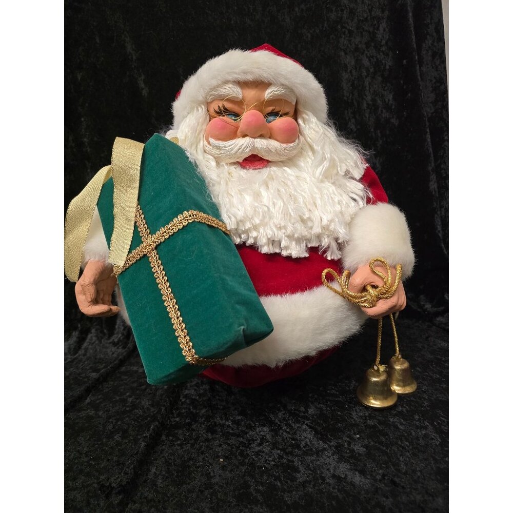 Vintage Santa Claus Figurine Holding Green Gift & Bells 16" Round